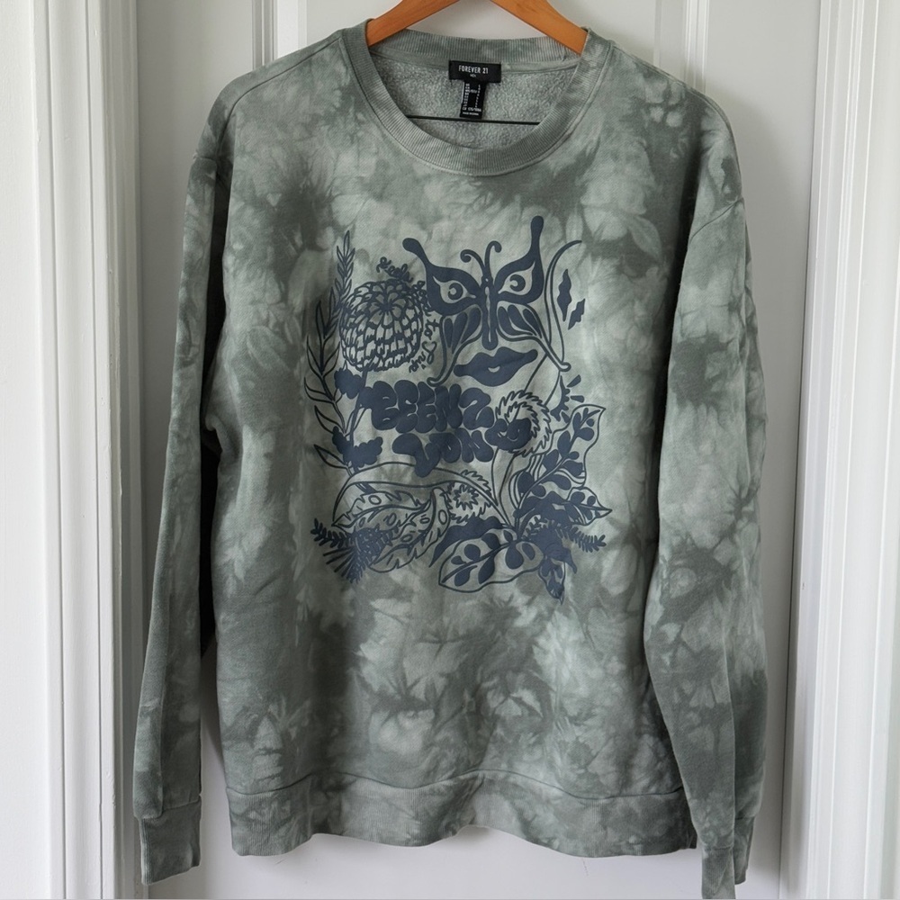 Forever 21 "Been 2 Long" Graphic Tie-Dye Fleece Pullover Sweatshirt Psychedelic